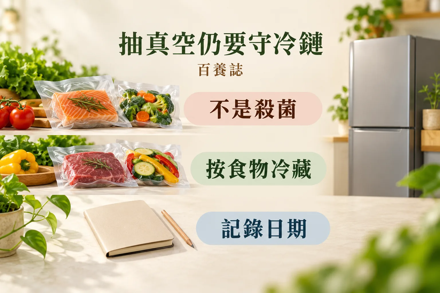 抽真空食品冷鏈圖解:不是殺菌、按食物冷藏及記錄日期。