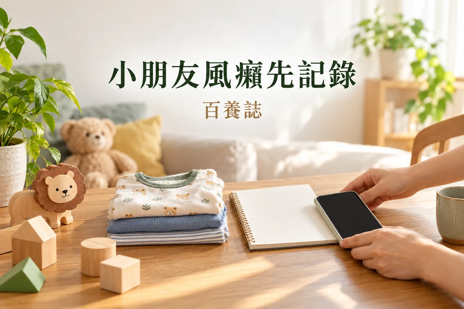 家居桌面擺放無字手機、筆記和兒童衣物作照顧記錄示意。