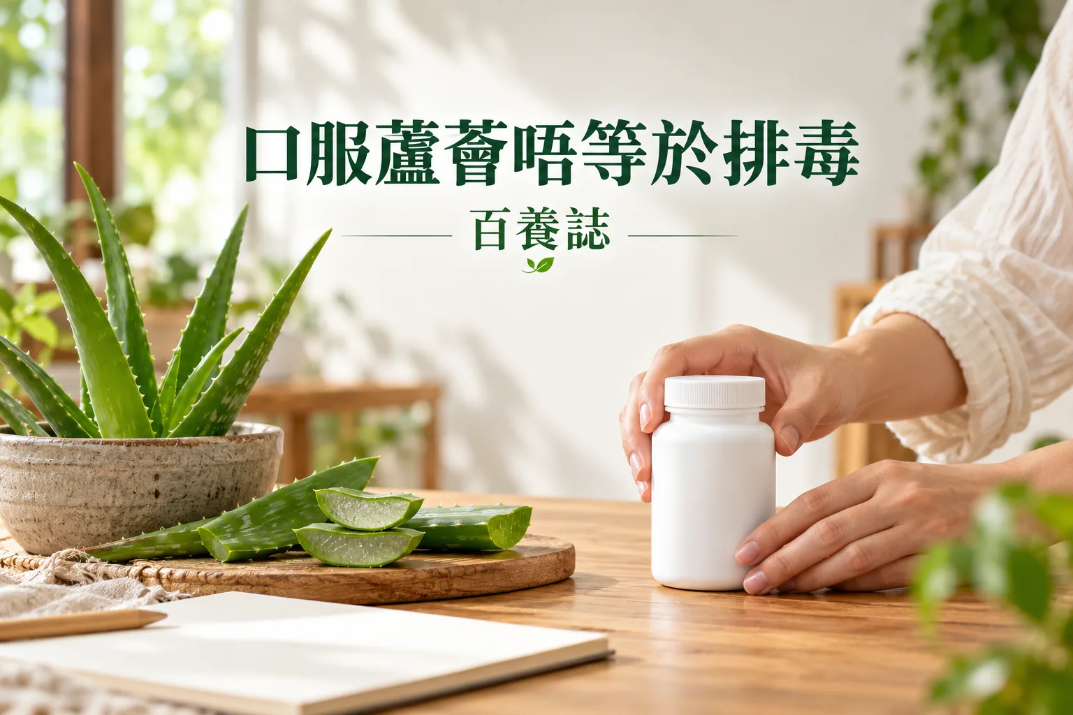 家居桌面上匿名手部檢視封閉無標籤容器,旁有蘆薈葉片,沒有進食動作。