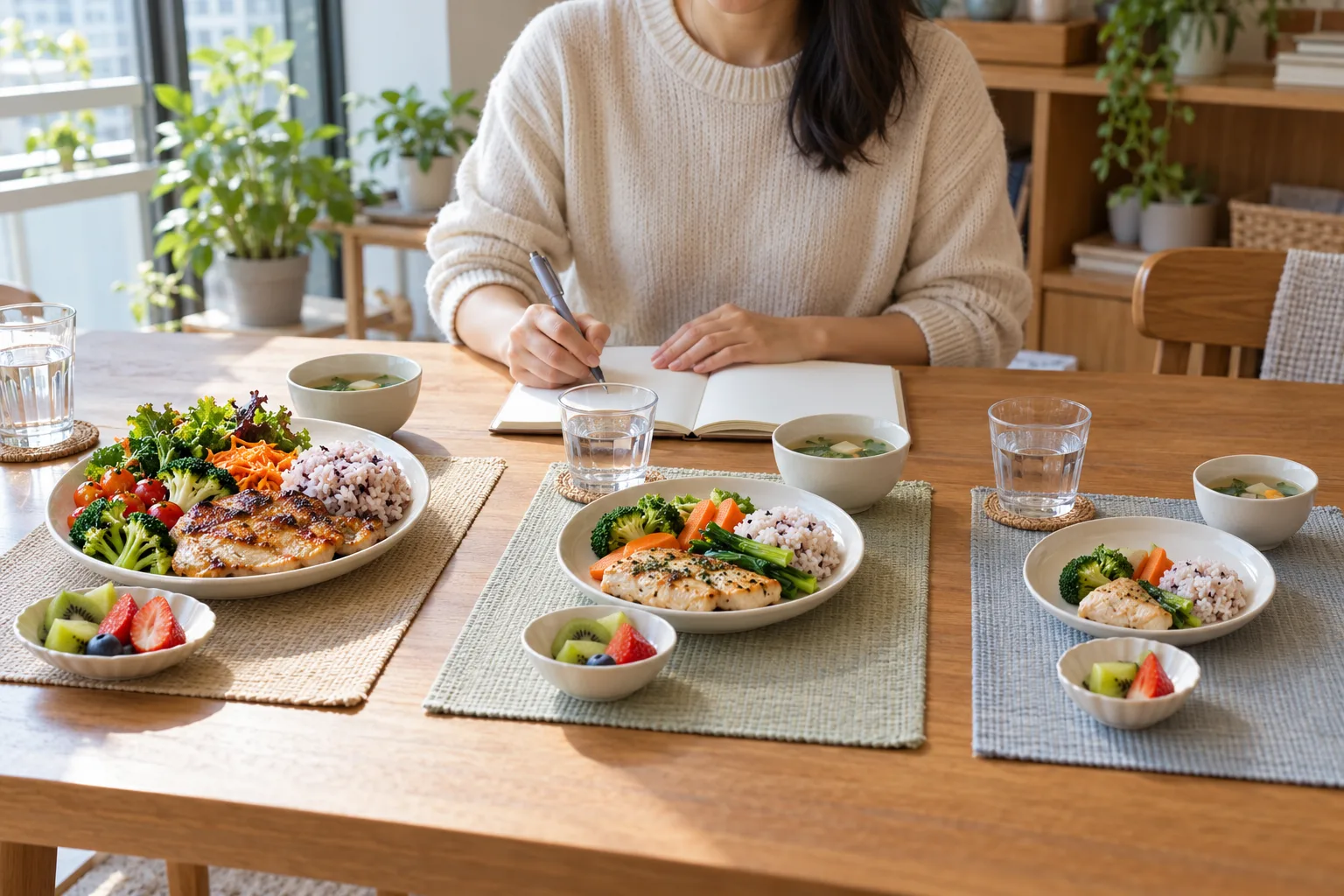 家居餐桌上整理運動前食物、清水與紀錄用品的健康教育情境。