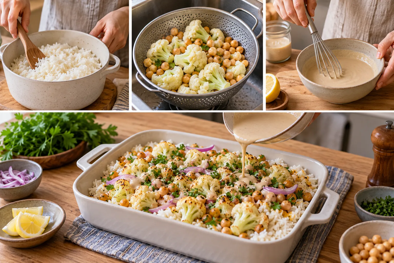 熟飯、已預熟椰菜花與鷹嘴豆、芝麻醬及淺焗盤的家居食譜情境。