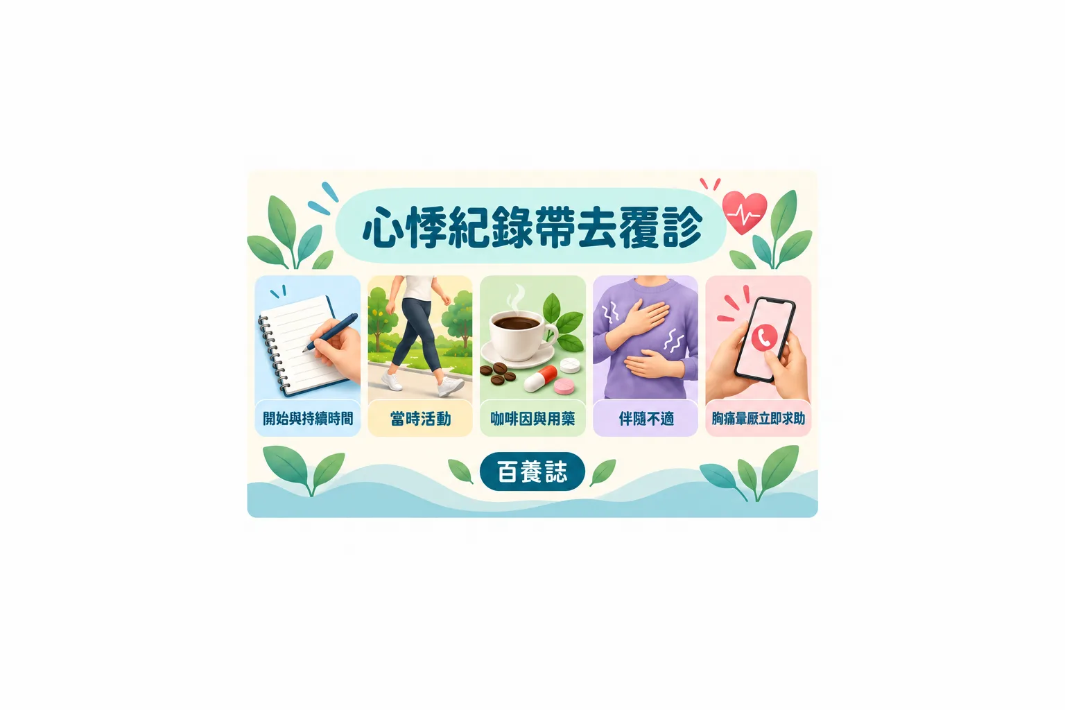 心悸紀錄圖卡,列出時間、當時活動、咖啡因與用藥、伴隨不適及急症警號。