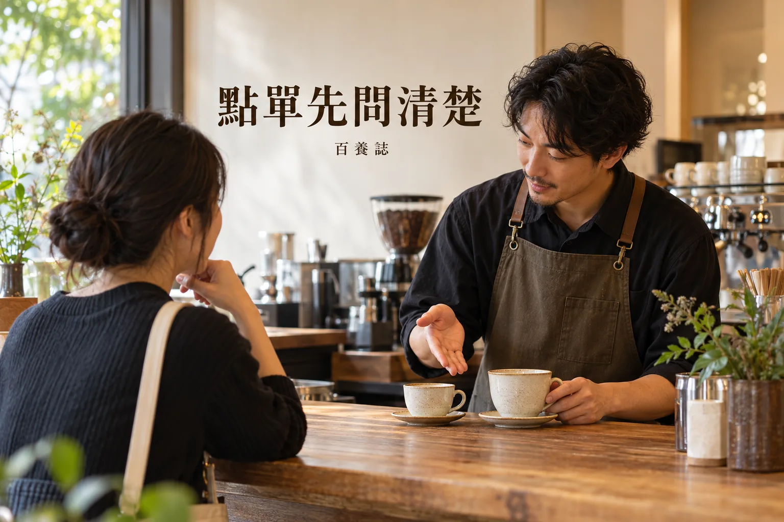香港咖啡店顧客向咖啡師查詢飲品,櫃檯放有不同大小咖啡杯,提醒點單時先問清楚