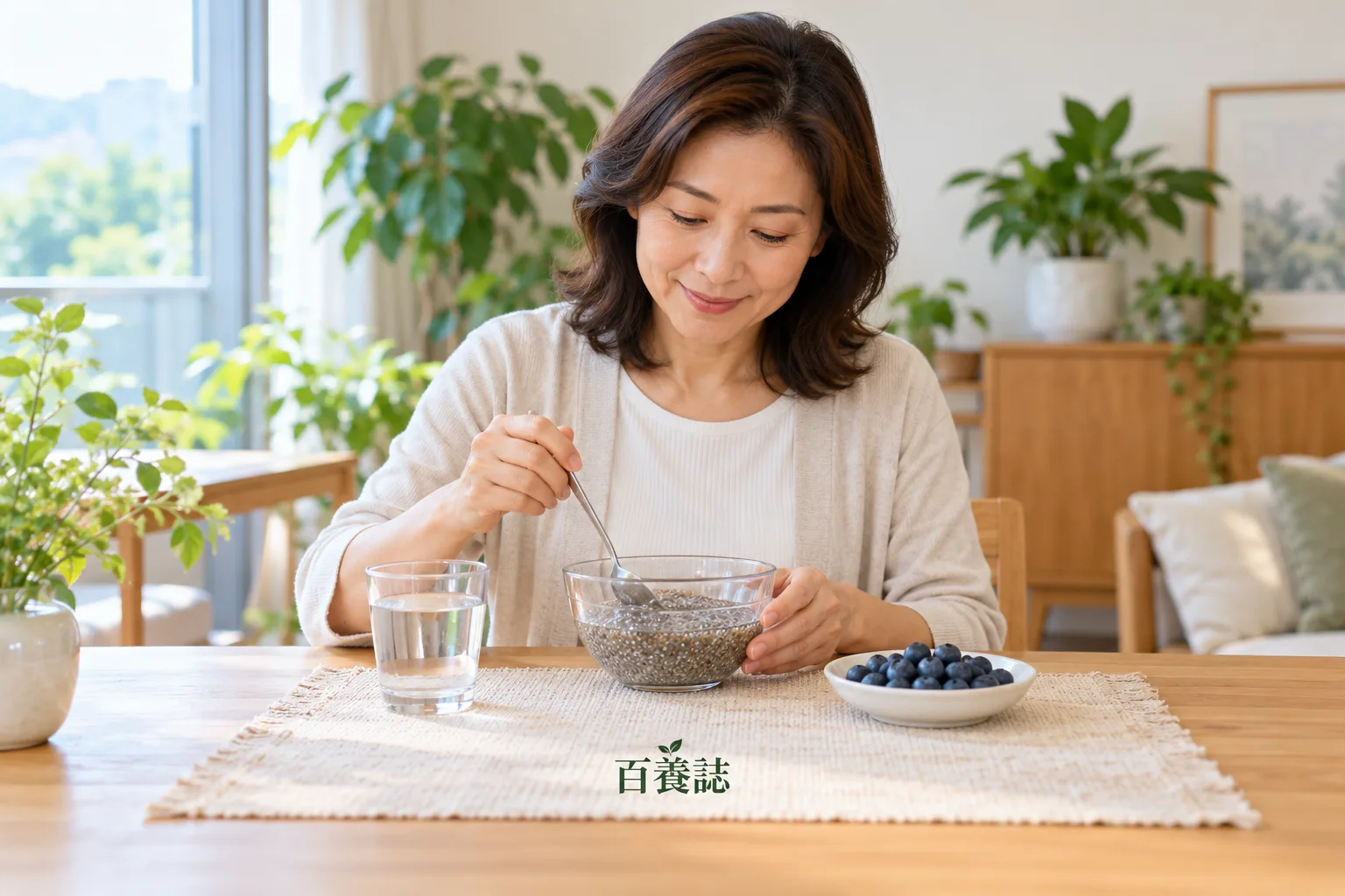 香港家居餐桌上,中年女性用匙羹攪拌已吸水的奇亞籽,旁邊放清水和藍莓,沒有乾吞動作